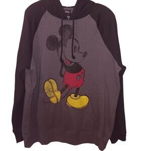 EUC Disney L Mickey Mouse Gray Black Sleeves Hooded Sweatshirt 100% Cotton
